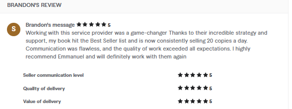 Five star review from Brandon reporting a Best Seller list placement and twenty copies a day