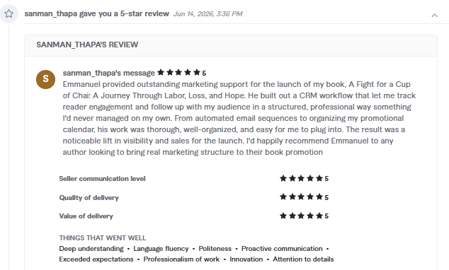 Five star review from sanman_thapa praising CRM workflow, email sequences and a lift in visibility and sales